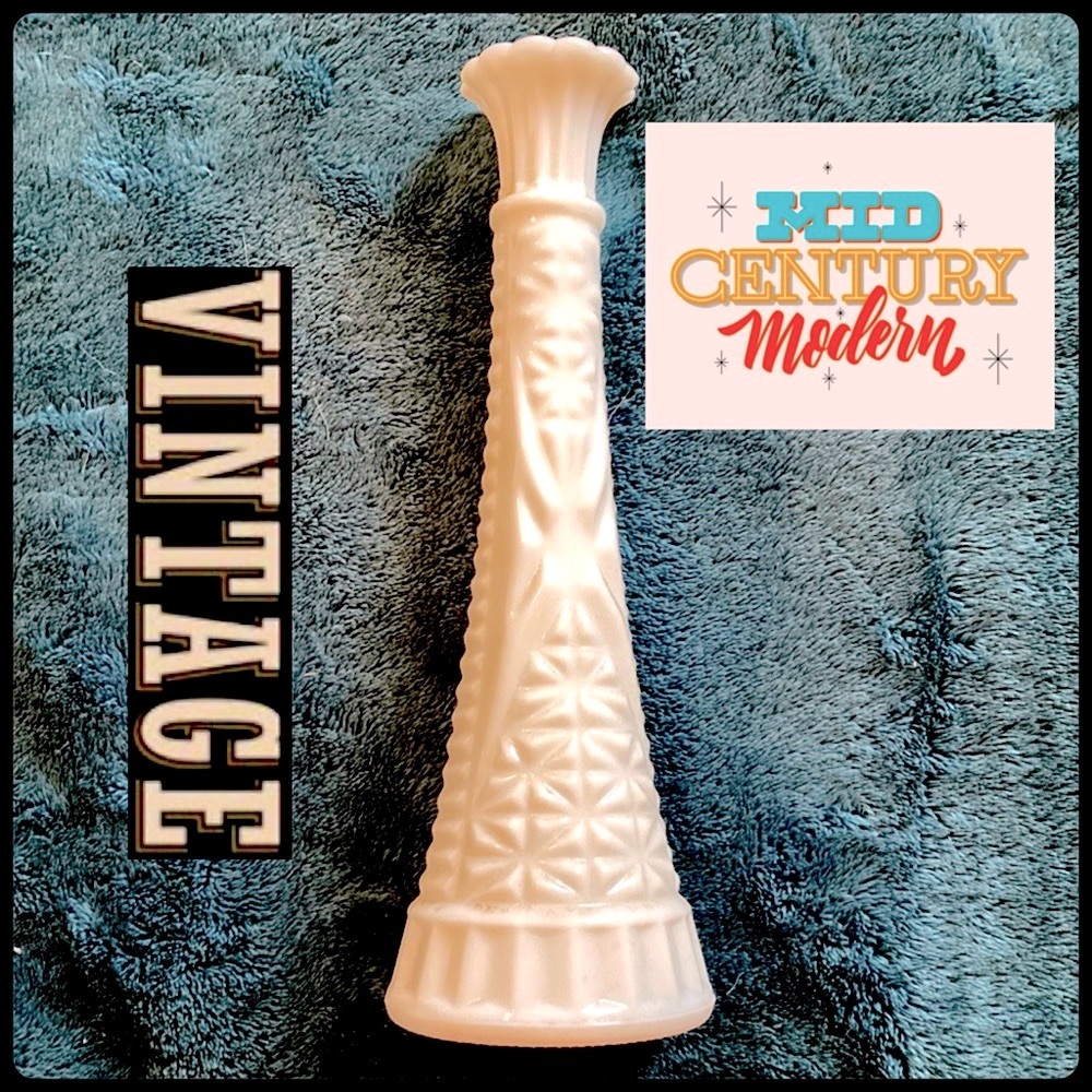 Vintage White Milk Glass Bud Vase Mid-Century Modern Stars Bars Diamond Cut